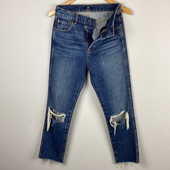 7 For All Mankind • High Waist Button Fly Distressed Blue Jean - Picture 1 of 9